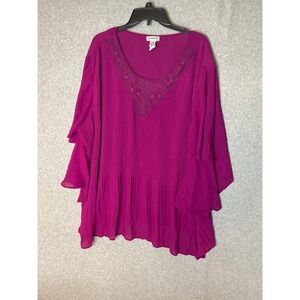 Catherines Blouse Womens 3X Fuschia‎ Flutter Sleeves Lace Collar Micro Pleat